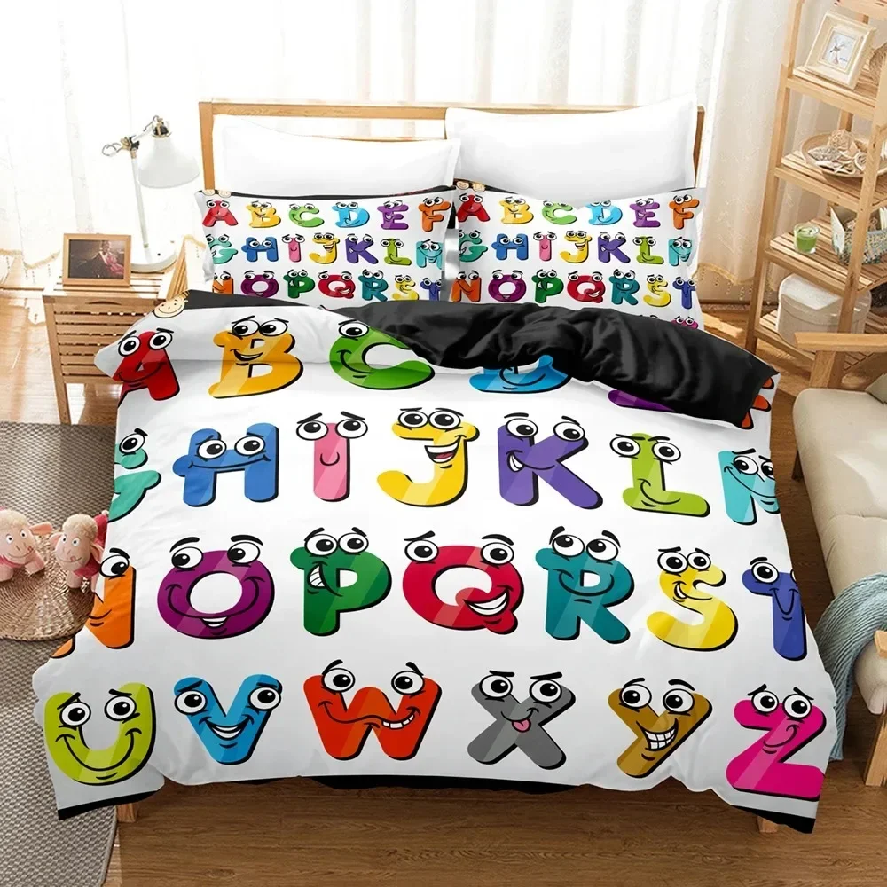 Alphabet Boys Girls Kids Bedding Set Queen Size Science Comforter Set Colorful,Cartoon ABC Letters Patterns Joyful Fun Design