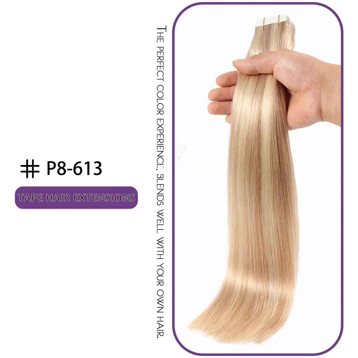 Remy Hair Extensions with Invisible Skin Weft Adhesive, Fita no cabelo liso, Misture a cor loira, 50g, P8, 613