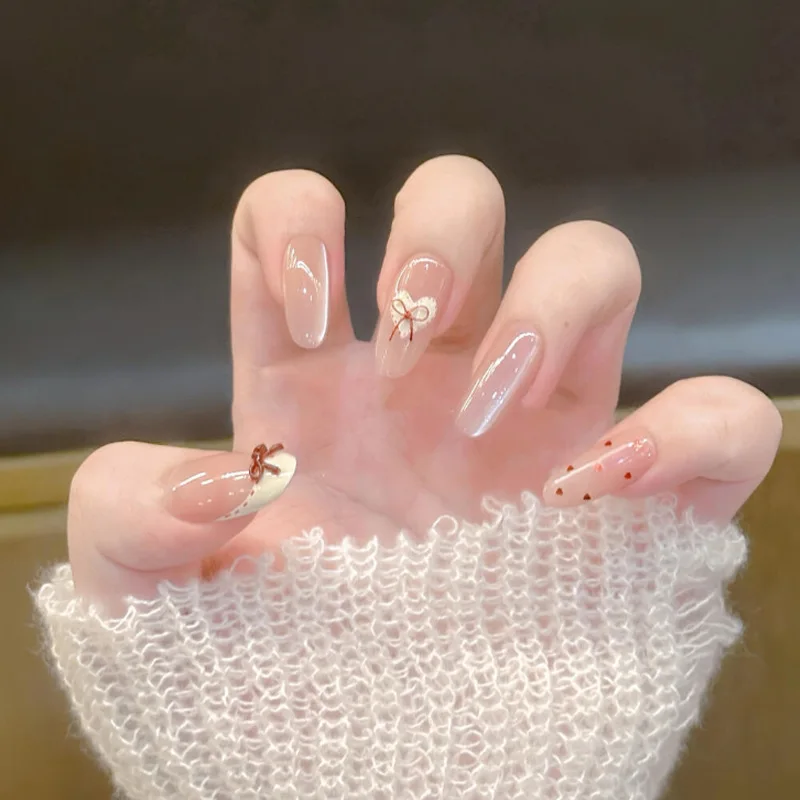 

24pcs Sweet Bow Fake Nails Set False Nails Press on Cheap Artificial Nail Tips Almond Paste Nails with Design Self-nail Spring