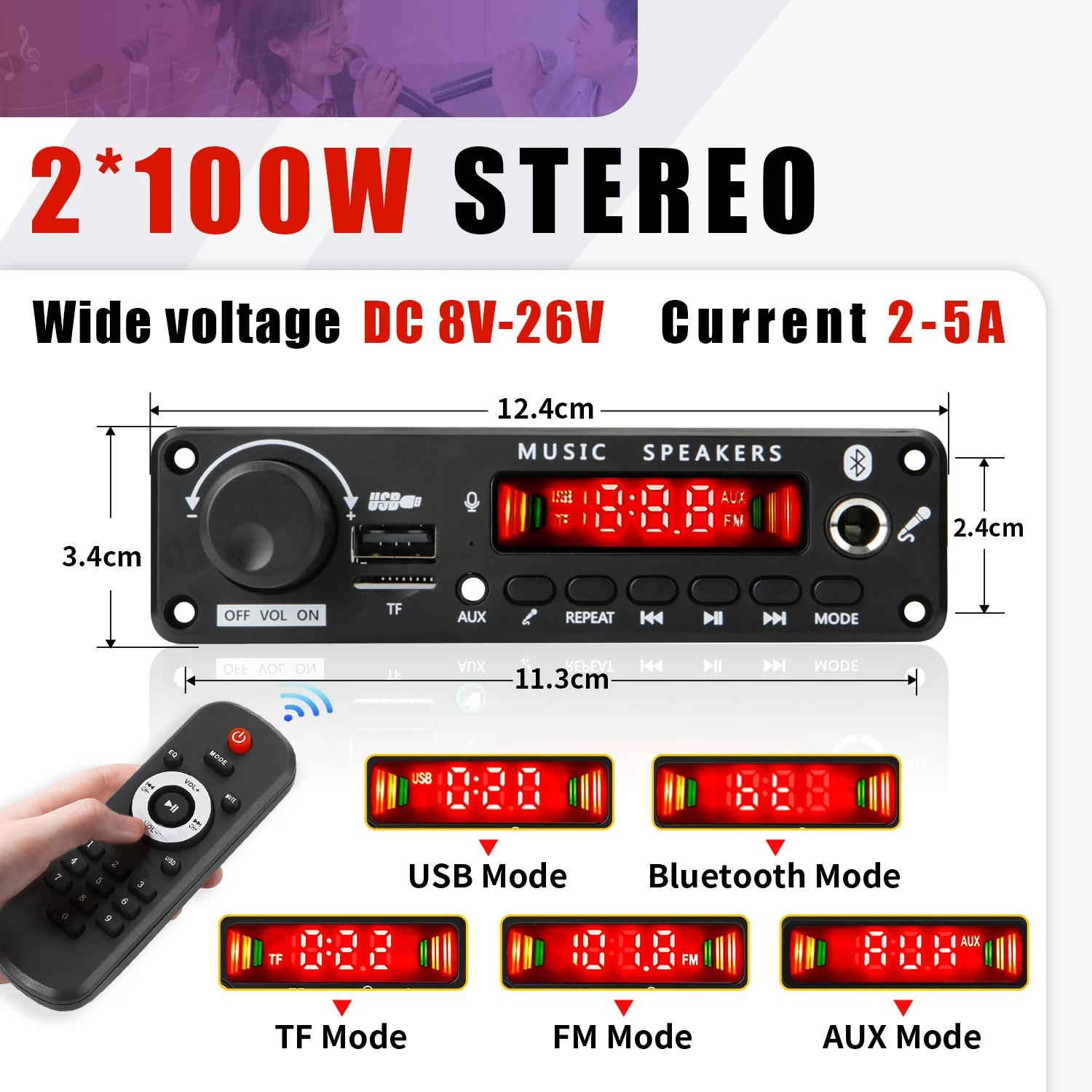 Wzmacniacz 200W Bluetooth Dekoder Płytka DIY 12V 6.5mm Mikrofon FM Radio TF USB Samochodowy odtwarzacz muzyczny Głośniki Regulacja głośności