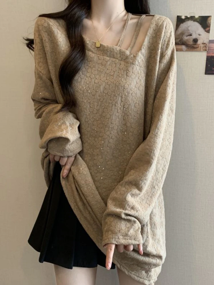 

Женская повседневная футболка с длинным рукавом, свободного кроя, средней длины, с V-образным вырезом, с цветочной вышивкой, весенняя модная модель больших размеров, удобная базовая футболка