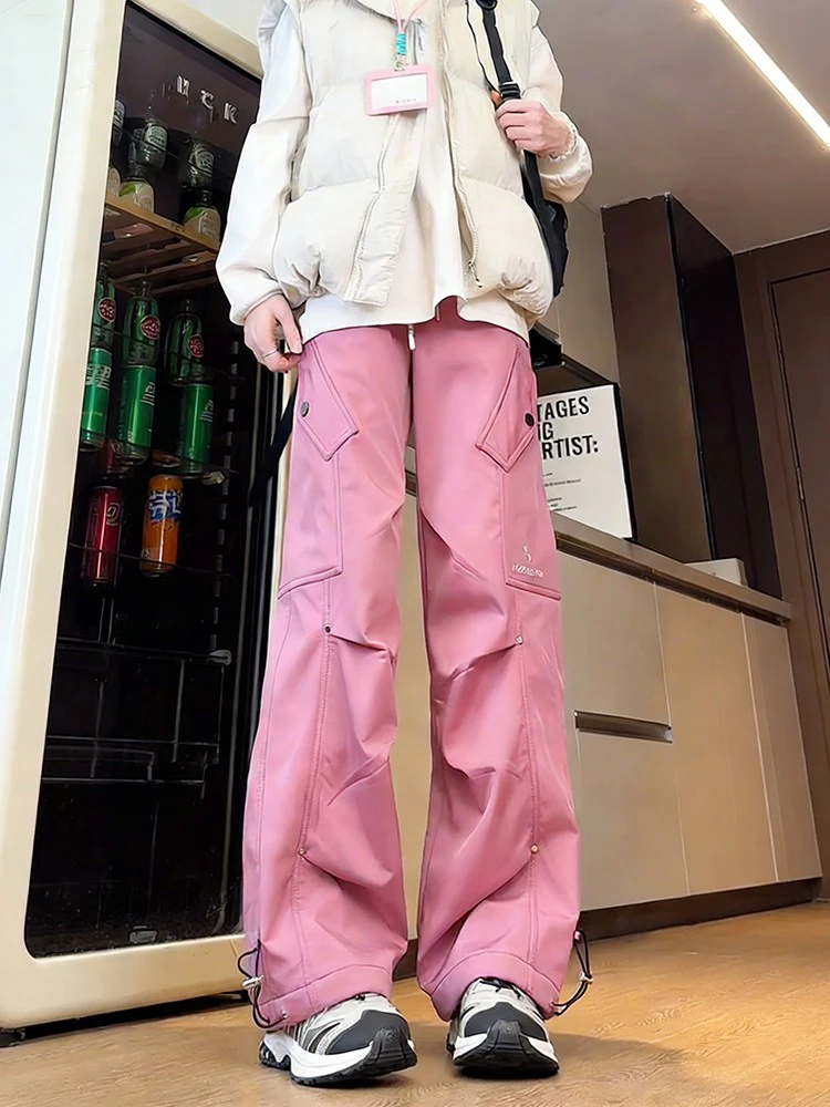 

Pink Fce Lined Ski Pants ex Autumn Winter Soft ell ell Pant Outdoor Climbing Windproof Trousers Casual Straight Le...