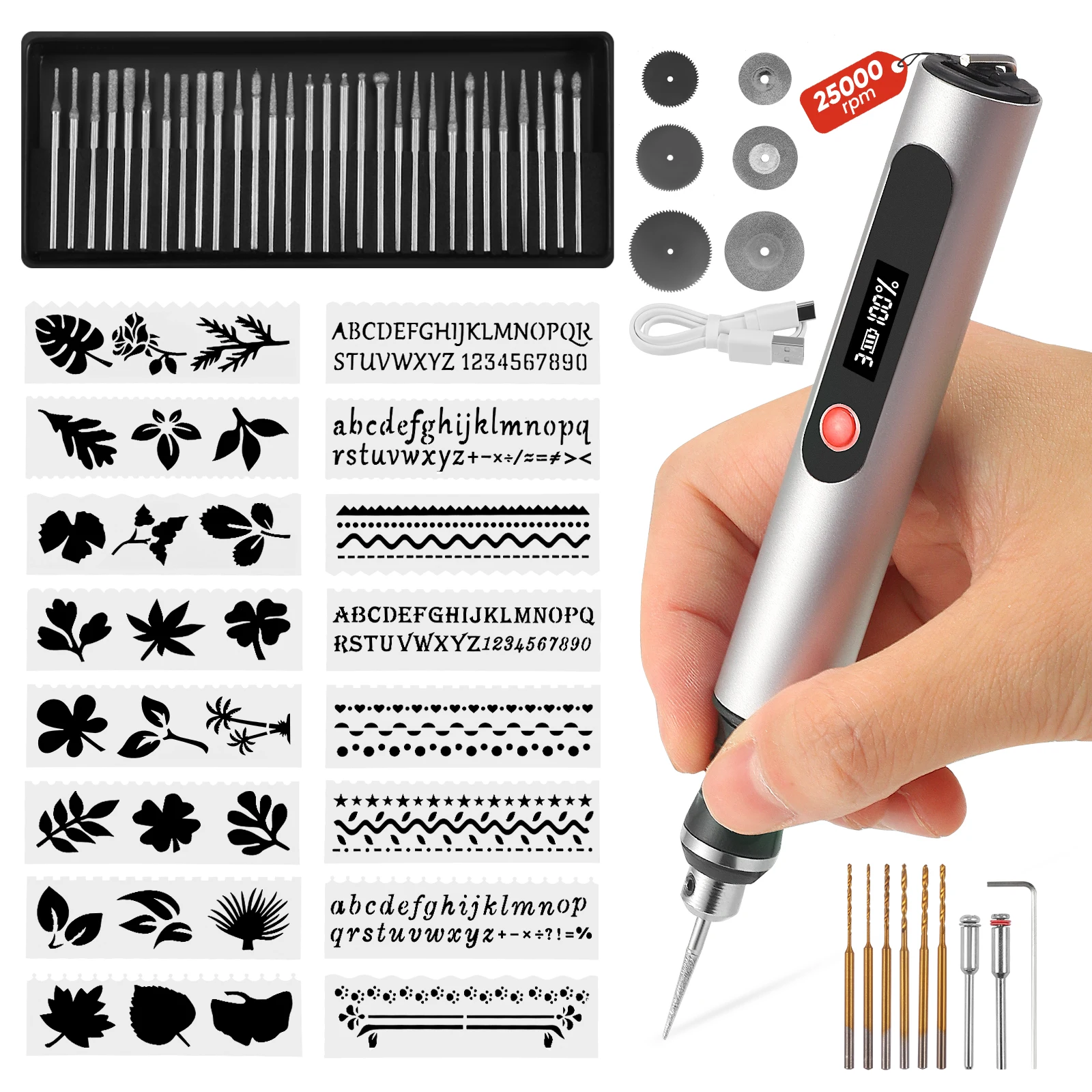 Mini perceuse à main USB, stylo de gravure électrique rotatif, outil avec 16 modèles adaptés à la création de bricolage, artisanat