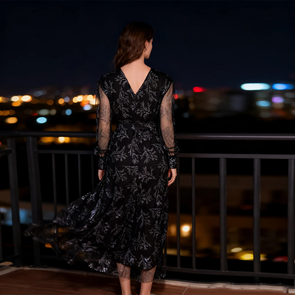 فستان سهرة أنيق جديد برقبة على شكل حرف v طويل 2025 فاخر للنساء بأكمام طويلة لحفلات الزفاف وحفلات الكوكتيل #5