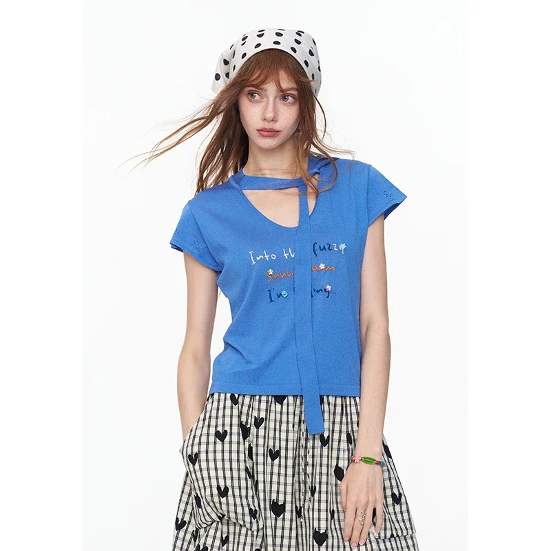 

ELFSACK Women's Short Sleeve Knit Top U Neck Letter Embroidery Bow Detail Slim Fit Soft Ice Silk Feel