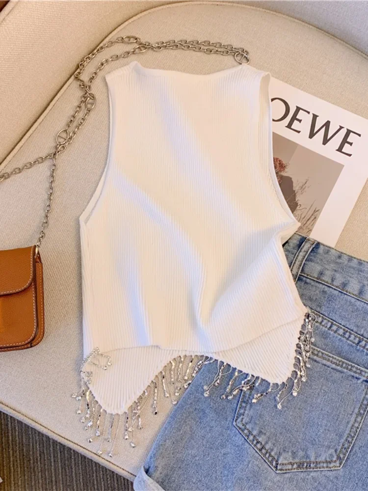 2026 Summer Tassel Tank Tops Women Sexy Sleeveless Camisole Tube Crop Tops Female Diamond Short Camis Tank Slim Crop Vest Tops