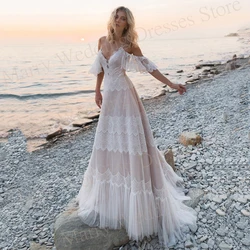 Beautiful A-Line Women Wedding Dresses Lace Appliques Bride Gowns Sexy Spaghetti Straps Backless فساتين حفلات الزفاف Customized