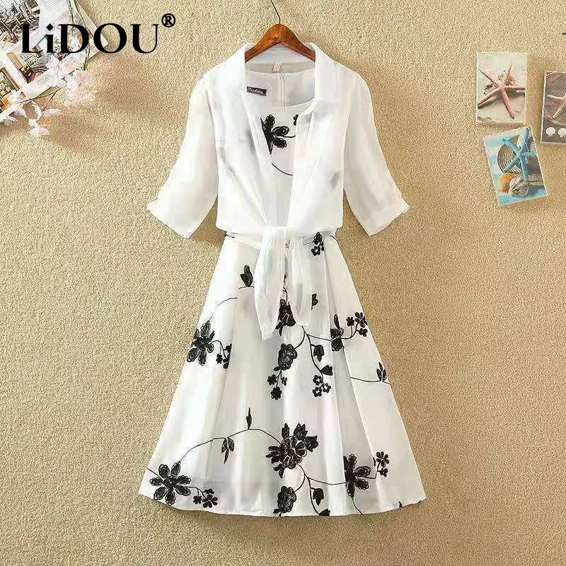 Summer Fashion Floral Printing Elegant Tank Dress White Lace Up Shirt Set Ladies Sleeveless Waist Vestidos Women\'s Casual Robe