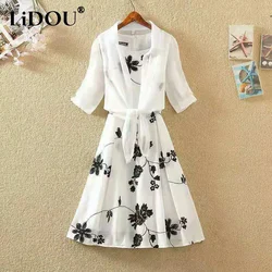 Summer Fashion Floral Printing Elegant Tank Dress White Lace Up Shirt Set Ladies Sleeveless Waist Vestidos Women's Casual Robe