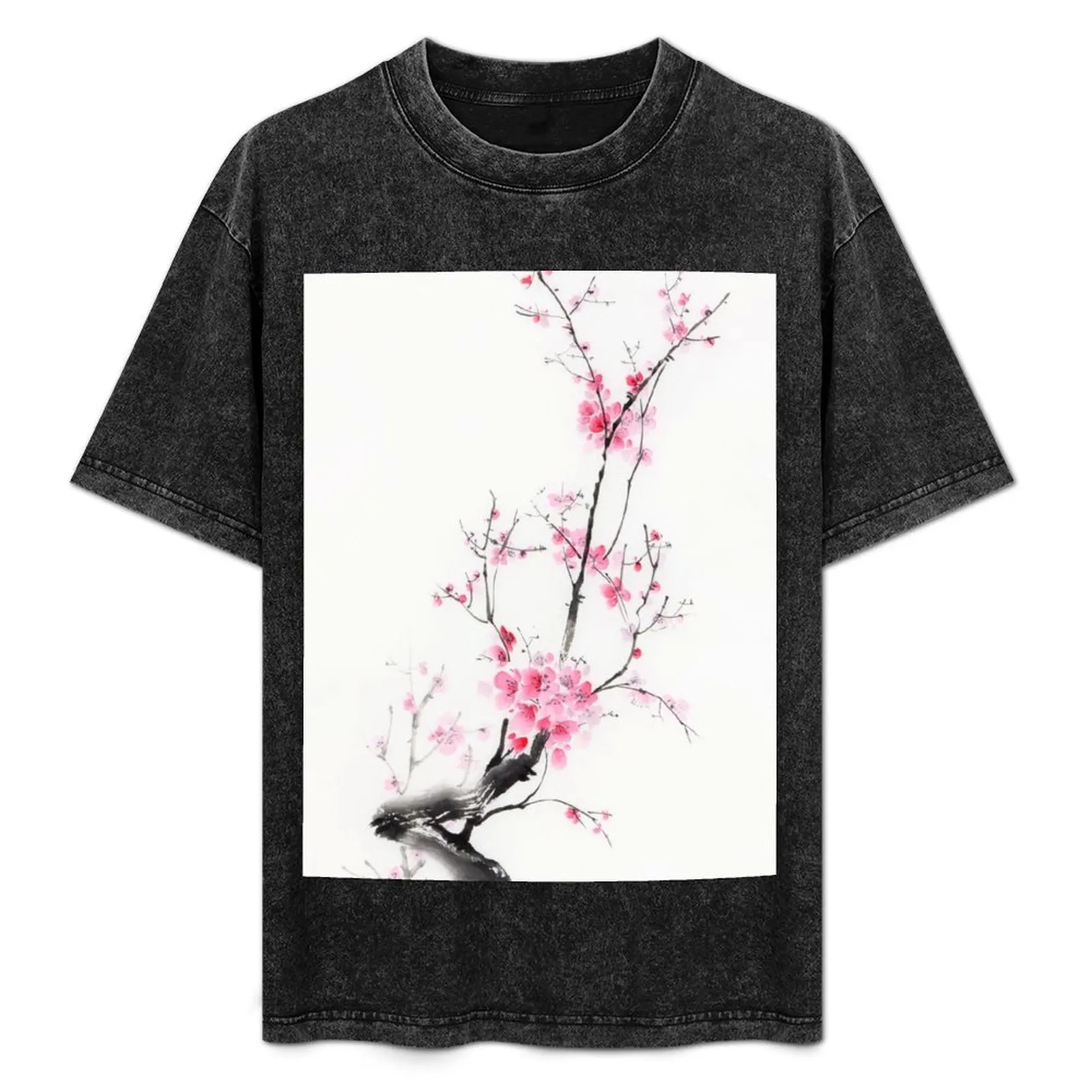 

Delicate sakura branch with pink blossoms Japanese Zen sumi-e painting on white rice paper art print T-Shirt
