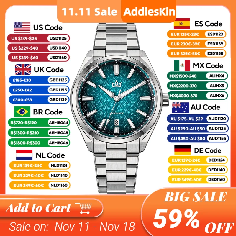 ADDIESKIN K014 Men's Automatic Watch Shell Cameo Relief Dial ST2130 Movement Sapphire Crystal BGW9 Luminous 200m Waterproof