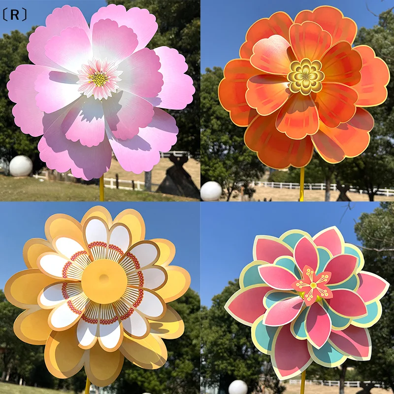 〔R〕1 Piece Stake Standing Lawn Rotating Flower Pinwheel Double Layered Flower Shaped Windmill Garden Decoration Photo Props