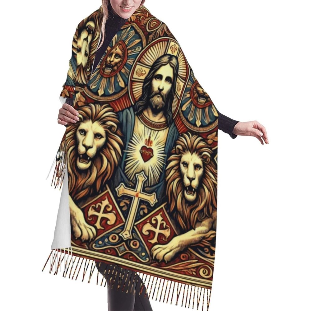 Religious-Christ-Lions Warm Winter Shawl Wrap For Women With Tassel Fringe Printed Cozy Blanket Scarf For Cold Weather