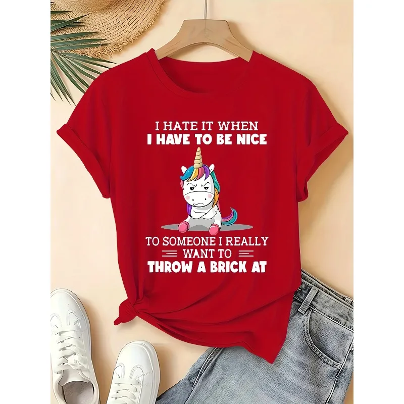 Women's Animal Letter Simple Drawing Sulking Unicorn English Letter Round Neck Casual Breathable Cute Design Women's T-shirt