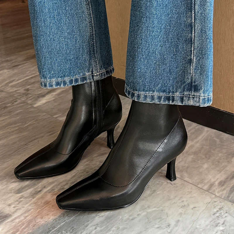 JOZHAMTA Size 34-40 Women Ankle Boots Soft Leather High Heels Fall Winter Shoes 2025 Ins Stretch Boots Office Lady Daily Dress