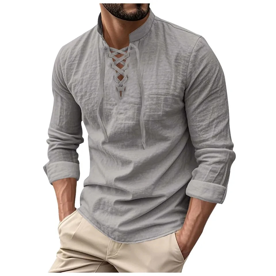 

Men's Cotton Linen Shirts Long Sleeved Lace Up V Neck Casual Blouse Spring Summer Tops Solid Color Breathable Male Shirt Tops