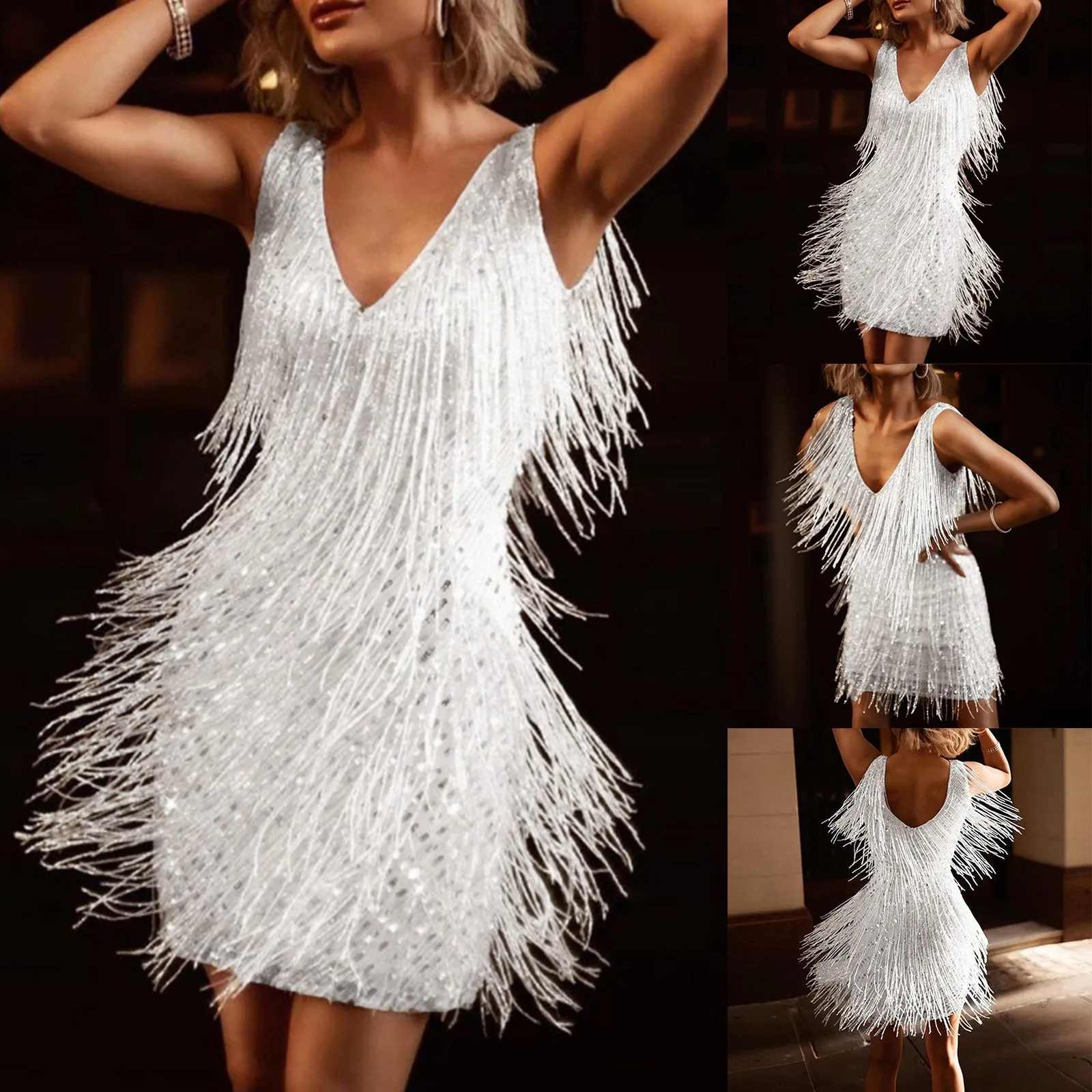 Sexy Women\'s Fringed Sequin Feather Stitching Dress 2024 Summer Slim V-Neck Off Shoulder Dresses Female Backless Slip Mini Robe