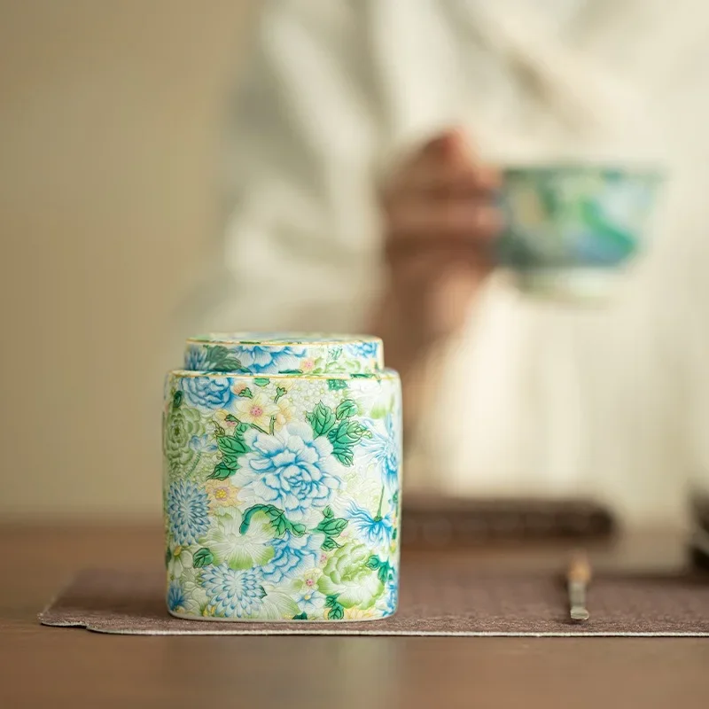 Jingdezhen Splendid Enamel Color TeaCan Household Sealed Moisture-proof Jar High-grade Ceramic Tea Storage Jar Tea Box Organizer