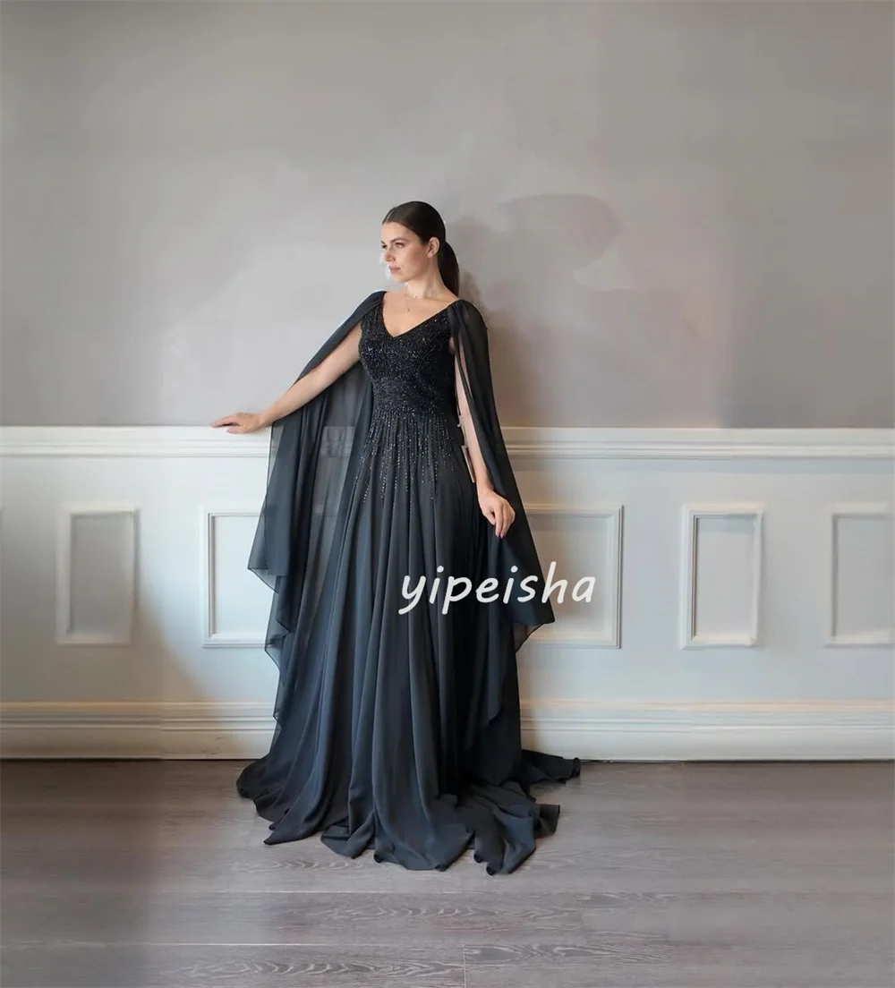 تخصيص جودة عالية كلاسيكي الشيفون الديكور مستقيم الخامس الرقبة فساتين طويلة مخصص فساتين المناسبات الأحجام المتاحة مطابقة