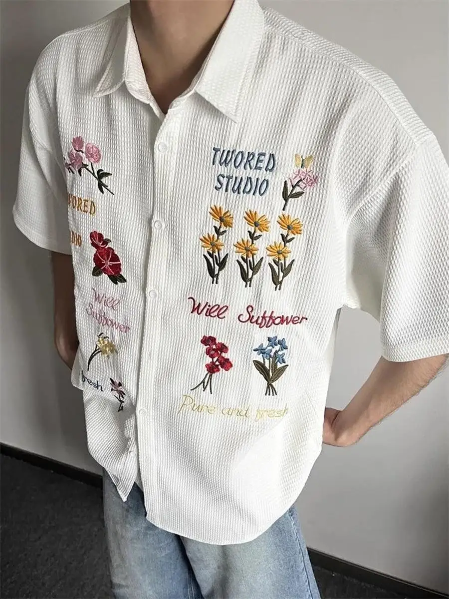 

Summer Large Size 250 Pounds American Wafer Grid Flower Embroidery Men's Short Sleeve Lazy Style Shirt