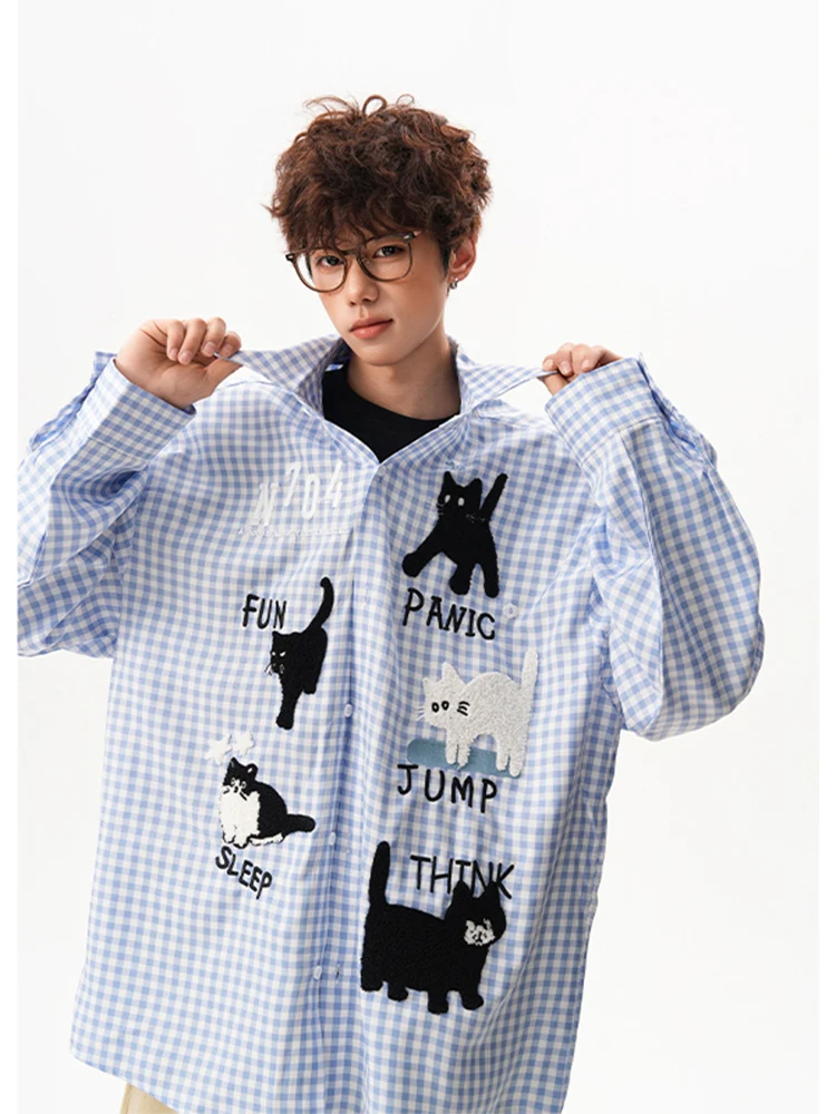 2025 Spring and Autumn New Men's Fun Cat Patch Plaid Long Sleeve Shirt Couple Loose Yellow Blue Casual Daily Shirt