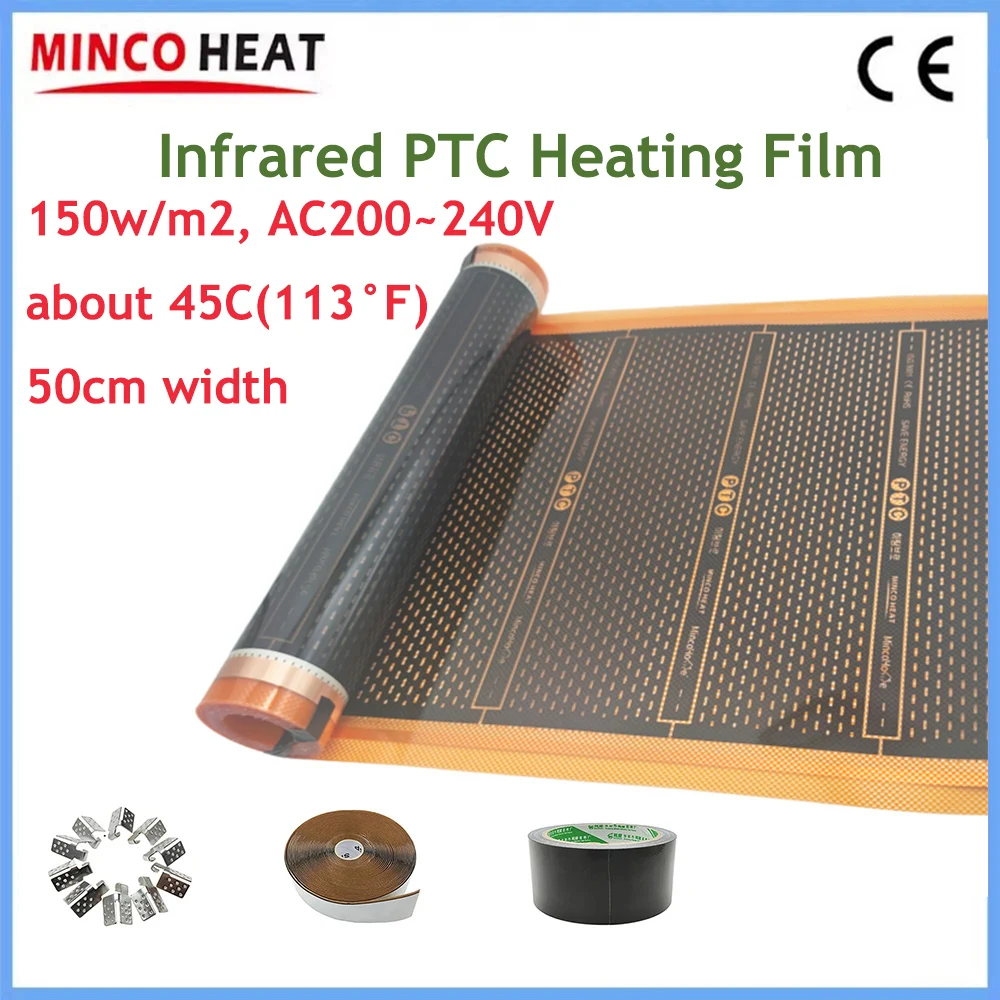 MINCO HEAT 150W/M2 All Sizes AC200~240V Infrared PTC Heating Pad Energy Saving Warm Floor Mat Max about 45C