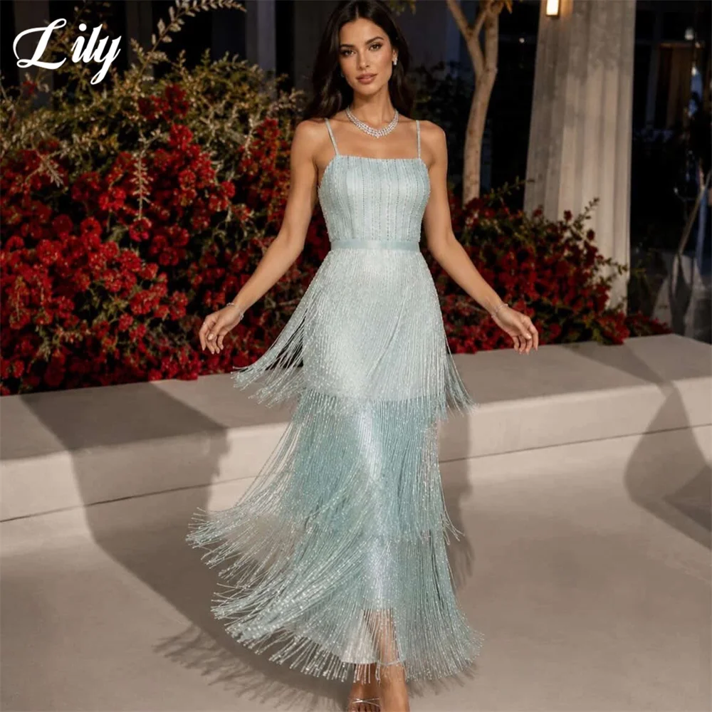 Lily Light Cyan Prom Dresses Spaghetti Strap Tiered Tassel Gala Dresses Beaded Bodice Saudi Arabic Evening Party Gown Customized