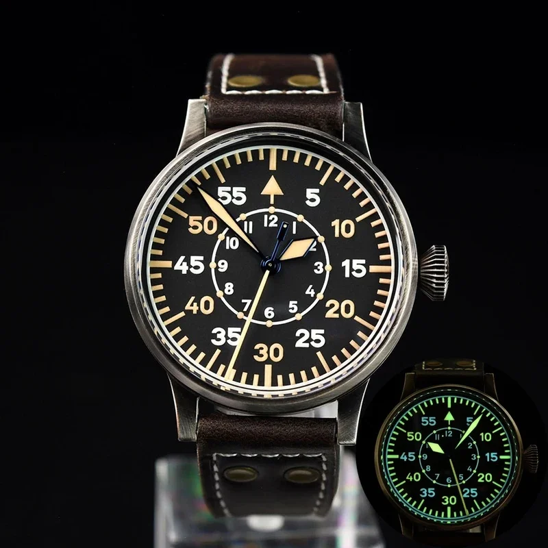 Hruodland 42mm Retro Automatic Men Pilot Watches Sapphire Glass PT5000 SW200 10ATM Mechanical Two Color Lumminous Wristwatch