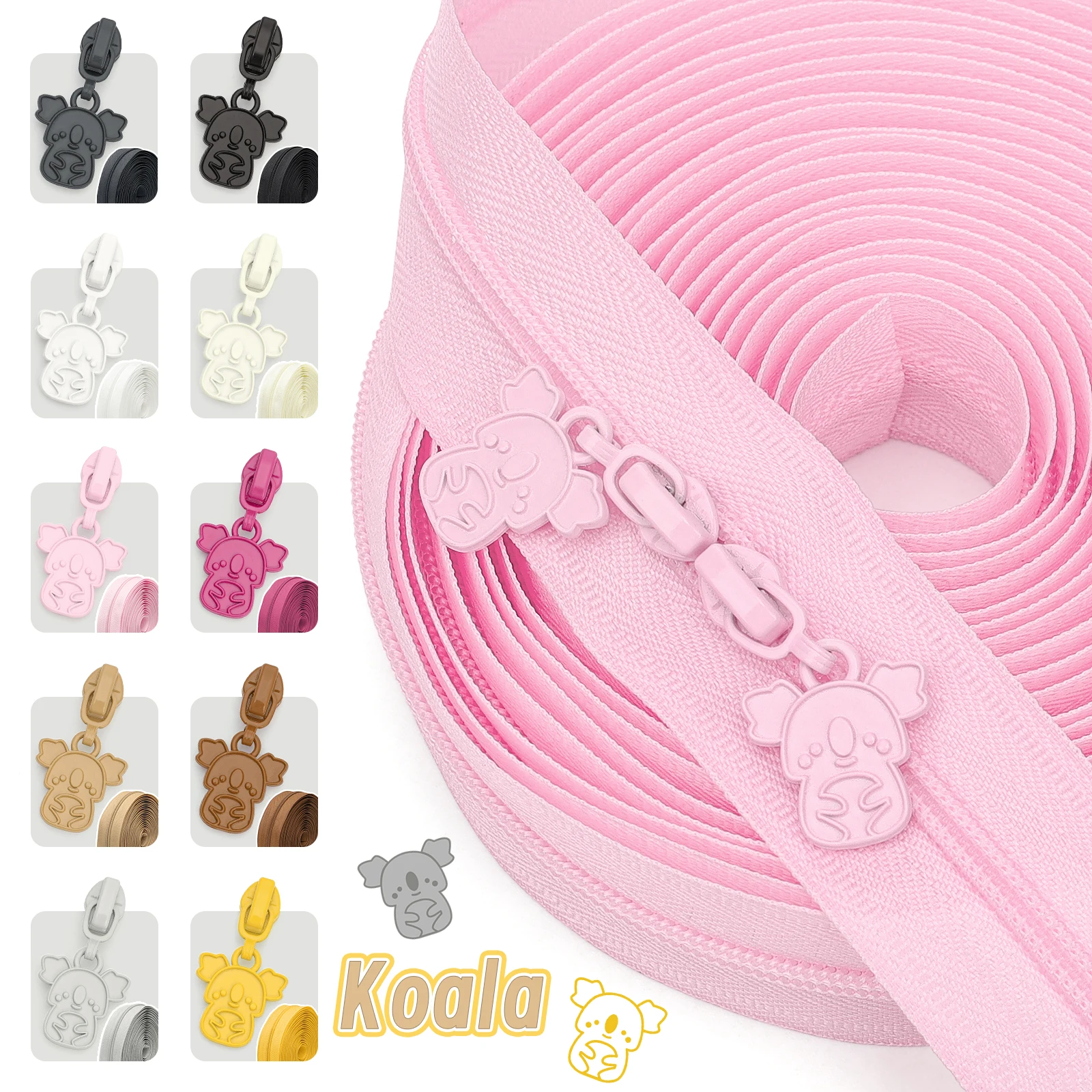 【#3 Nylon Zipper & Koala Zipper Pull Set】 1 set = 5 yards (177.16 inches) of #3 nylon zipper + 10 koala zipper pulls