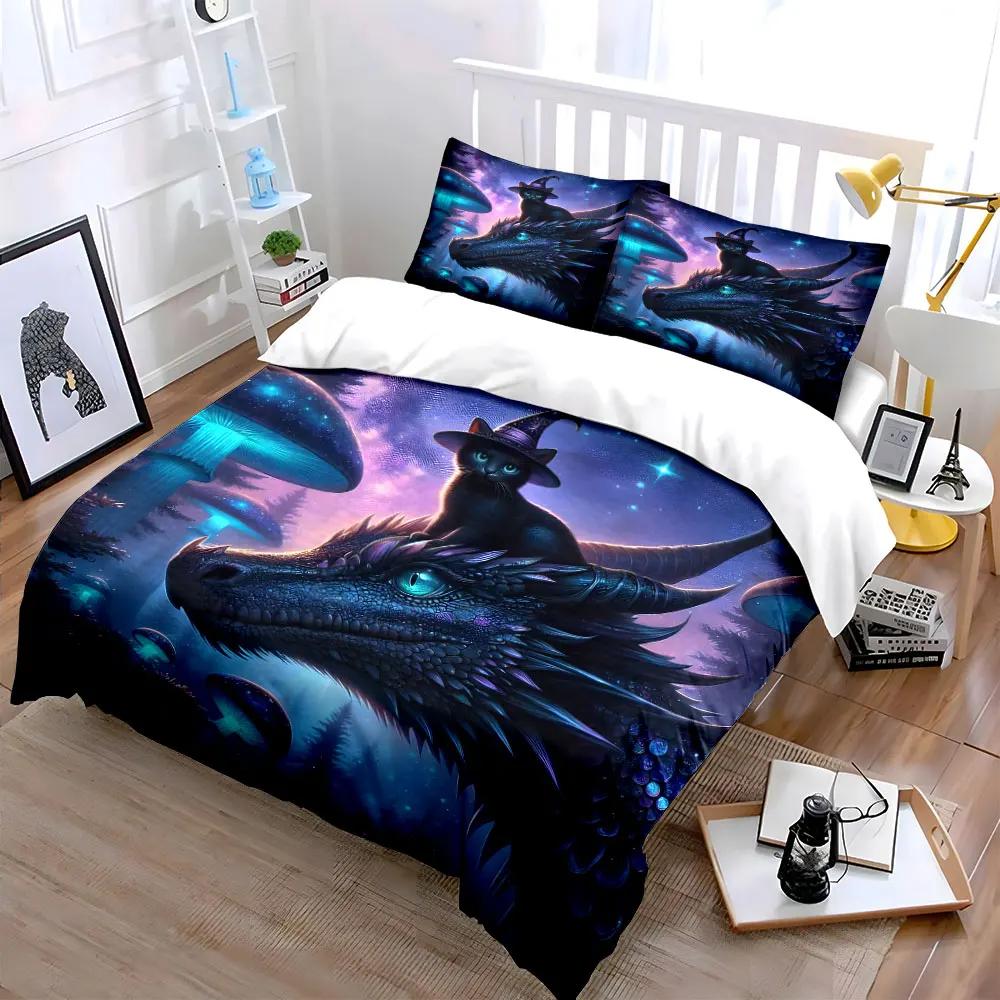 Fantasy dragon in mushroom forest Printed Duvet Cover Set1 Duvet Cover+2 PillowcaseMulti Size Bedroom Bedding Decoration