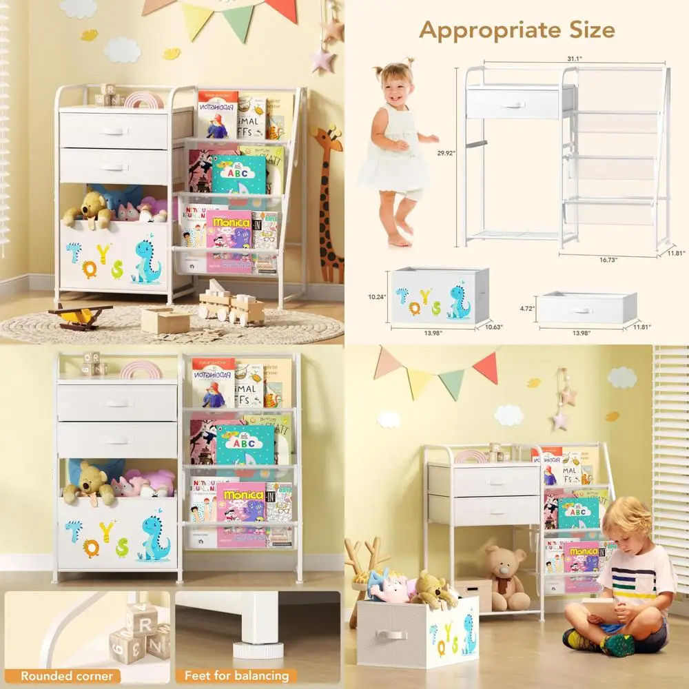 رف كتب ومنظم ألعاب للأطفال مكون من 3 طبقات مع صندوق تخزين دوار لغرف الأطفال #1