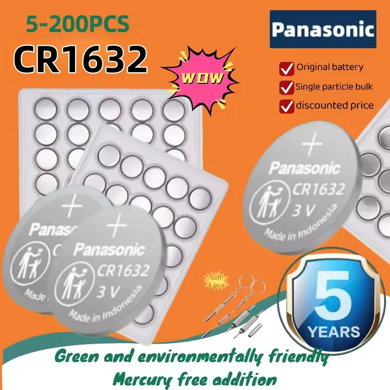 5-200PCS Panasonic 3V CR1632 Battery1632 Lithium Battery DL1632 BR1632 KCR1632 For Car Remote Control Watch Button Coin Cells