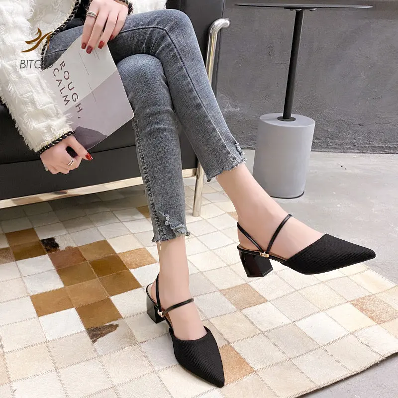 Women Mules Shoes 2023 Summer New Pointed Toe Chunky Heels Ladies Slippers Fashion Plus Size Dress Party Mid Heel Shoes Women