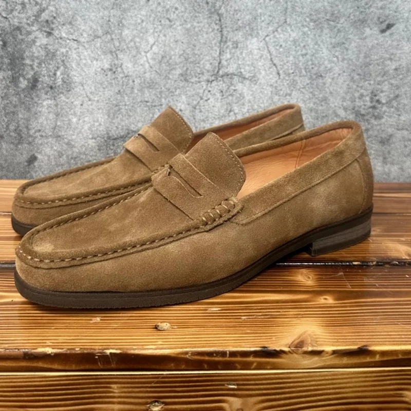 Summer New British Genuine Cowhide Soft Loafers Men's Suede Leather Casual Shoes Round Toe Slip-on Boat Shoes Driving Shoes