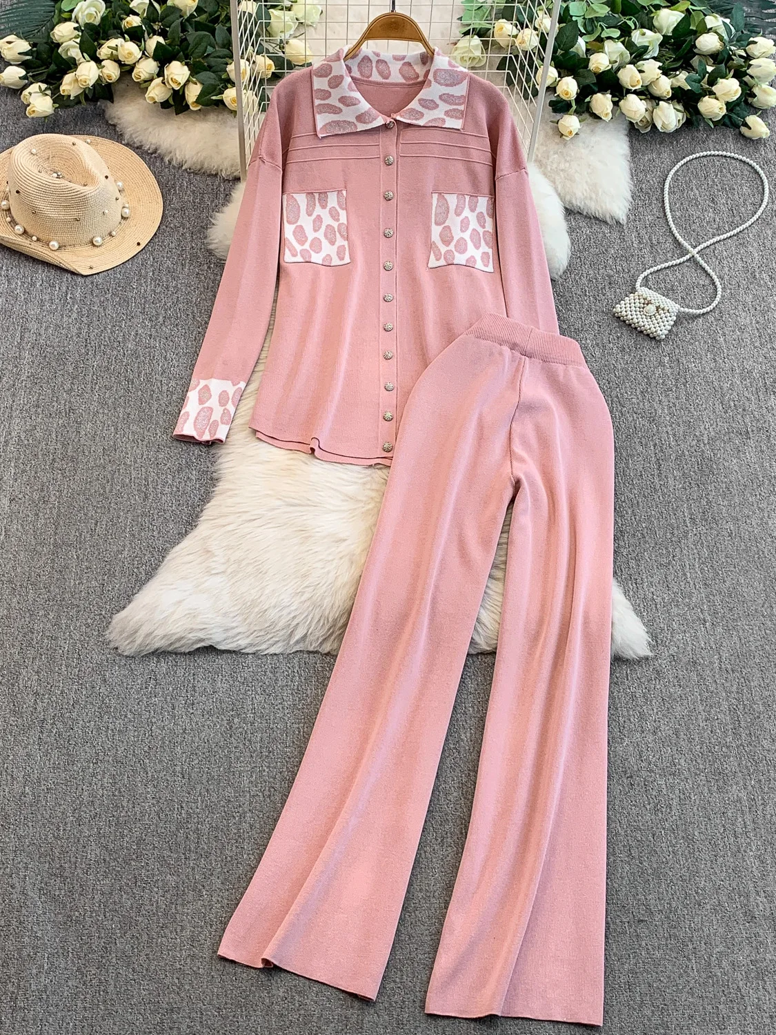 

Модный вязаный открытый кардиган с леопардовым принтом, топ плюс повседневный комплект брюк для похудения с высокой талией, женский осенний наряд для отдыха