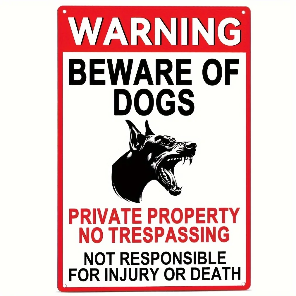 Warning Beware Of Dogs Private Property No Trespassing Metal Tin Sign, Retro Rustic Doberman Guard Dog Security Warning Wall Art