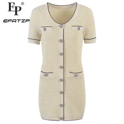 Elegance Short Sleeve Knitting Mini Dress Women New 2024 Summer Beading Slim Dresses