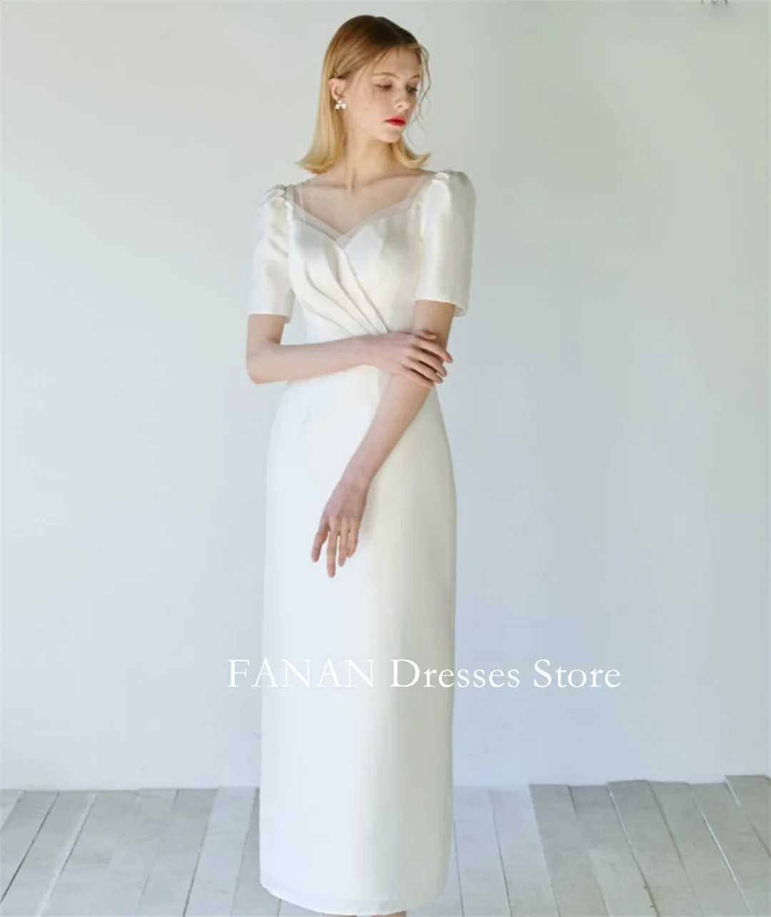 

FANAN Elegant A-Line Korea Ivory Satin Wedding Dresses 웨딩드레스 V-Neck Ankle Length Custom Made Pretty Bride Gowns Plus Size