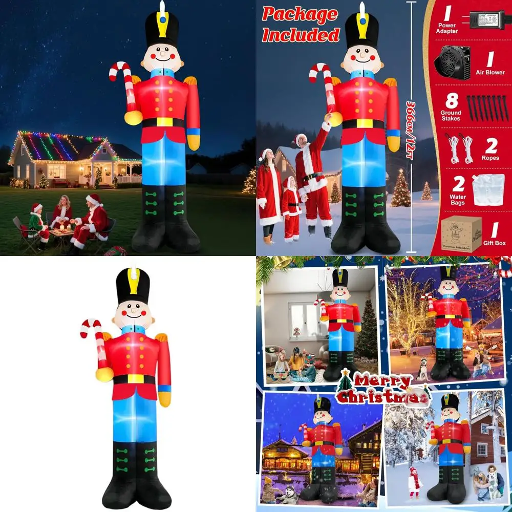 

12-Foot Inflatable Nutcracker with Candy Cane, LED Lights, Outdoor Xmas Soldier Decoration for Holiday Parties