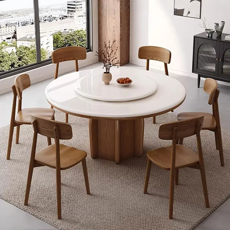 q*-Modern Round Dining Table with Rotating Lazy Susan White Marble Top Solid Wood Base 6-Seater for Home & Hotel Dining Rooms