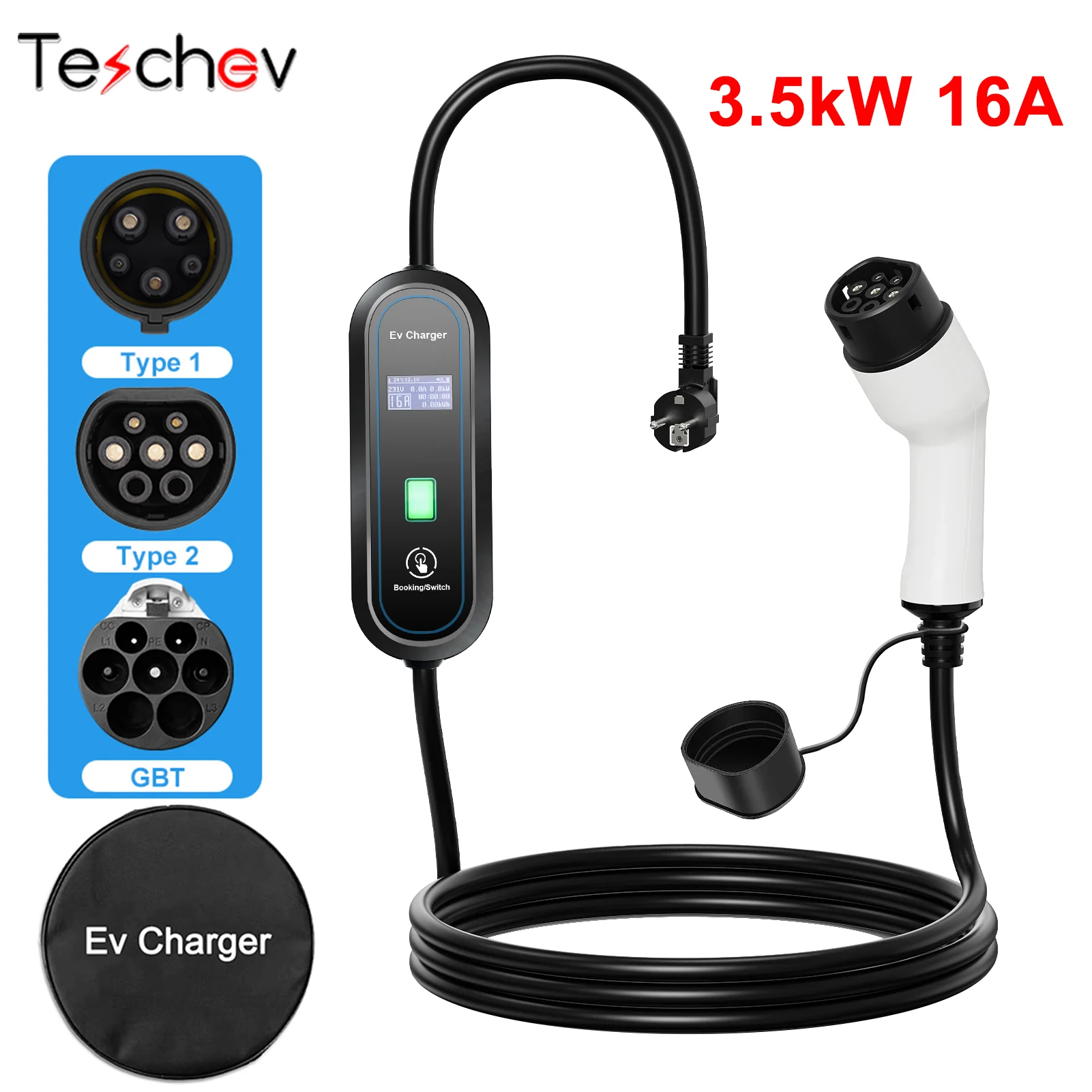 Teschev 3.5kW Portable EV Charger Type2 16A EVSE Charging Cable J1772 Type1 Fast Charging Wallbox GBT Cord for Electric Vehicles