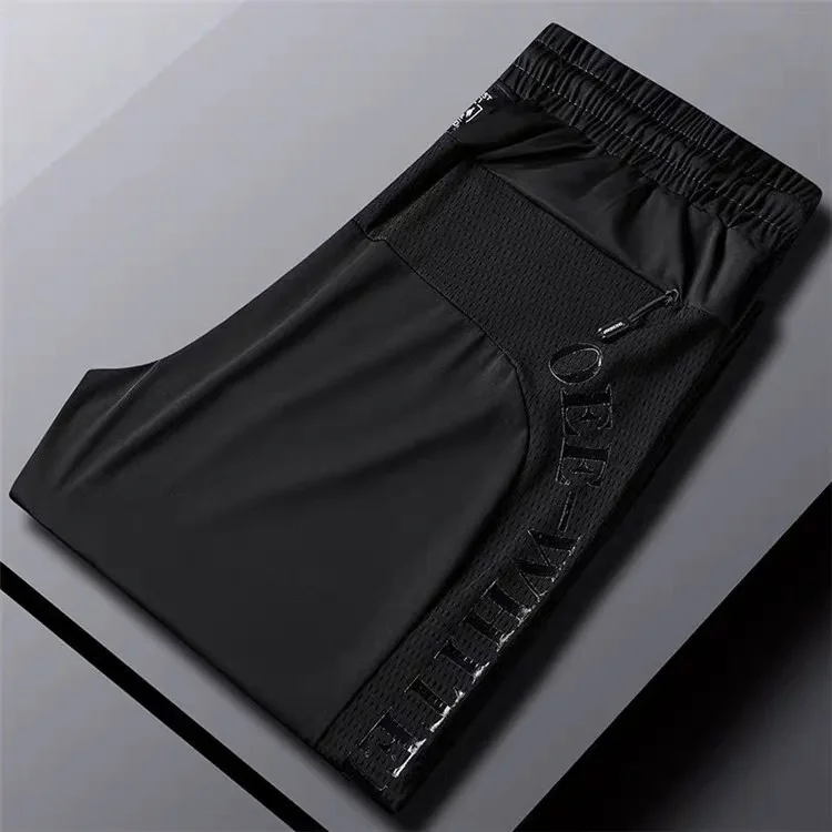 Men's Summer Ice Silk Thin Elastic Casual Sports Pants Loose Cuffed Breathable Air Conditioning Long Trousers Low Waist
