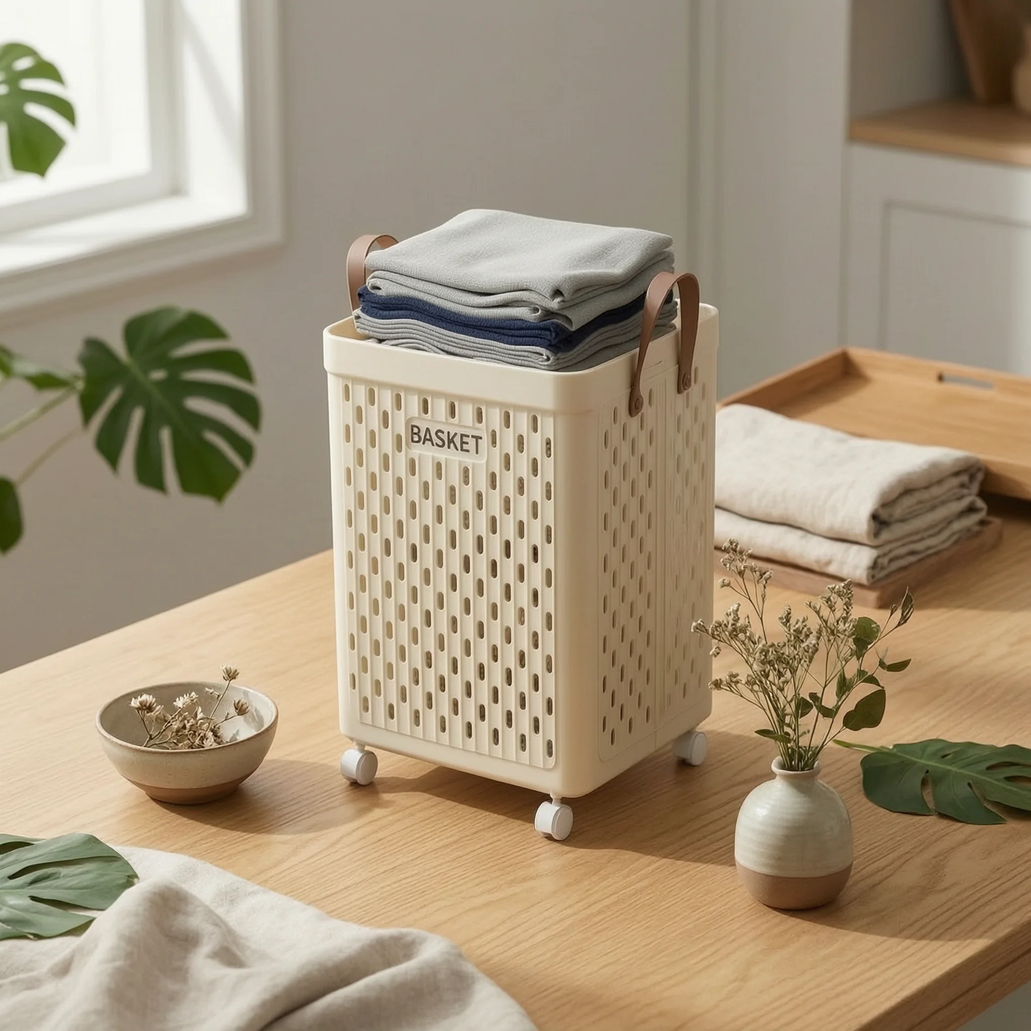 Ventilated Plastic Laundry Hamper Caster Wheels Foldable Laundry Basket Household Organizer with Handle Easy to Clean