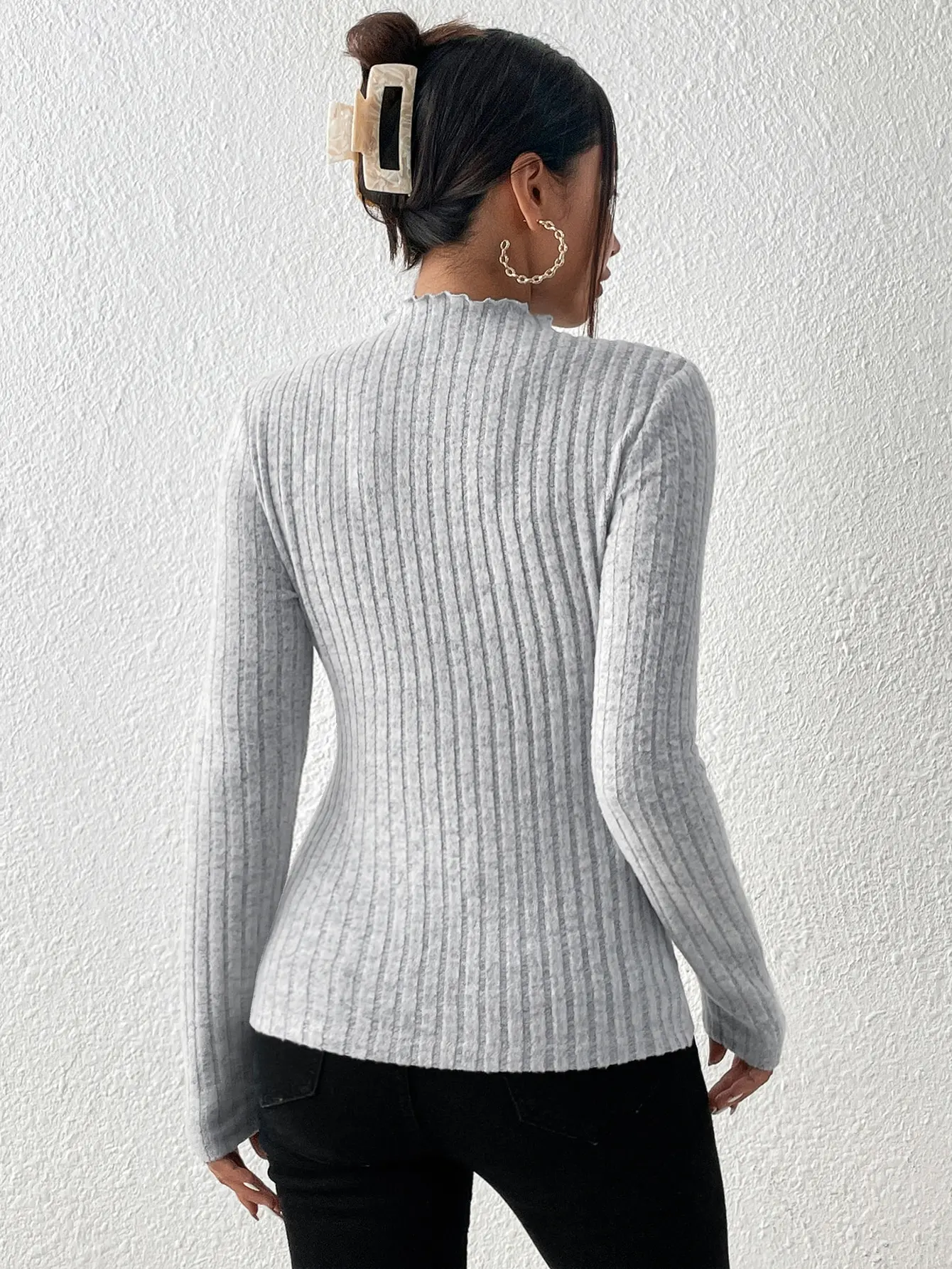 Fashion Slim Ruffle Neck Knit Long Sleeve Top, Lace Mid-Collar Women's Striped Bottom Shirt, Autumn and Winter Casual Sweater