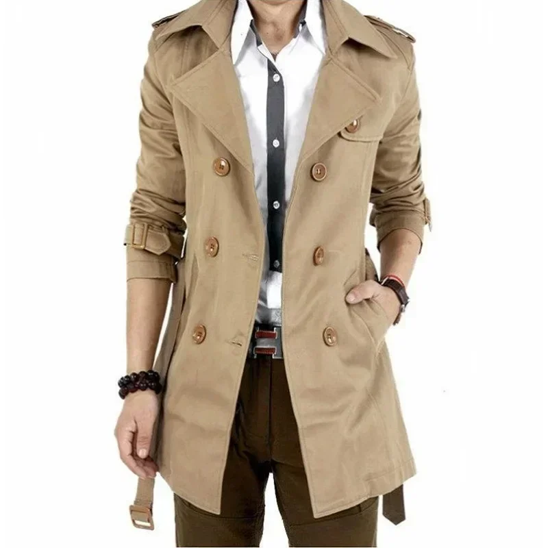 

Men's Windbreaker Jacket Vintage Black Khaki Spring Autumn Business Trench Male Double Breasted Retro Classic Long Coat Thick