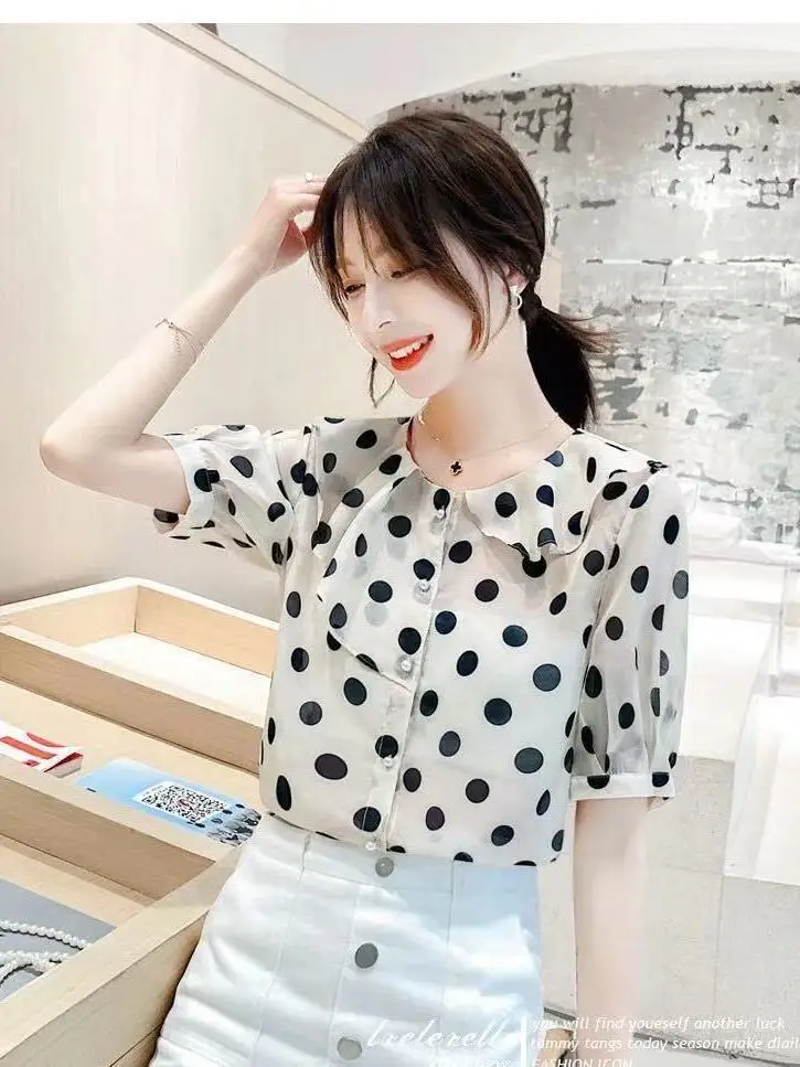 New Summer Fashion Trendy Lotus Leaf Collar Shirt Polka Dot Short-sleeved Chiffon Shirt Women's Loose and Mature Top