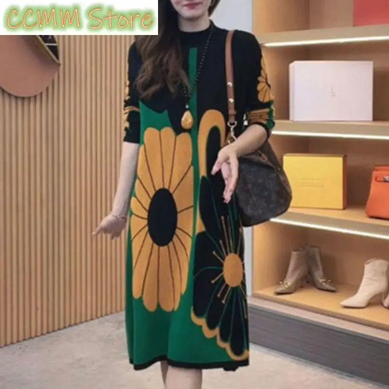 

Autumn Winter Vintage Floral Printed Dresses Butterfly Casual Loose O-Neck Female Clothing Long Sleeve A-Line Knitted Midi Dress