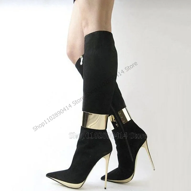 Gold Circle Decor Black Pointy Toe Metal Heel Boots Side Zipper Women Shoes Thin High Heels Sexy Runway 2023 Zapatos Para Mujere