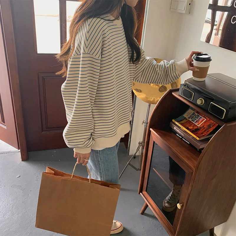 

Chic Hong Kong Style Striped Sweatshirt Women's Hatless Thin Spring Autumn Long Sleeve Vintage American Early Autumn Top