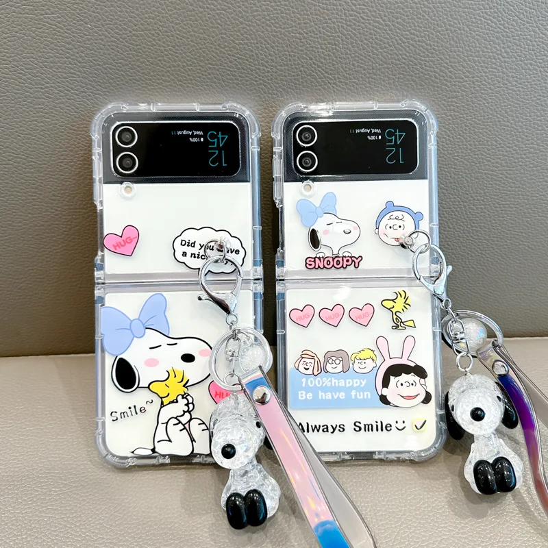 Kawaii Snoopys Phone Case for Samsung Galaxy ZFlip5 5G ZFlip3 ZFlip4 Flip3 zflip Flip4 Hard PC Cover With Pendant Mickey Ring